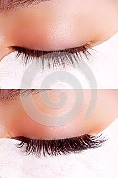 Eyelash Extension Procedure. Comparison of female eyes before and after.