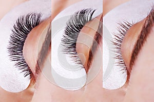 Eyelash Extension Procedure. Comparison of female eyes before and after.