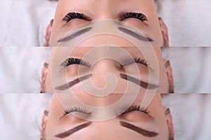 Eyelash Extension Procedure. Comparison of female eyes before and after.