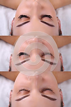 Eyelash Extension Procedure. Comparison of female eyes before and after.