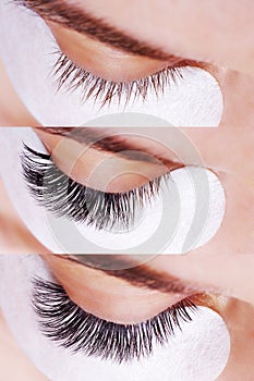 Eyelash Extension Procedure. Comparison of female eyes before and after.