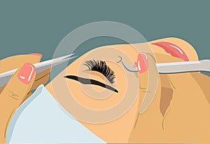 Eyelash Extension. Procedure for eyelash extension. Master tweezers add the false or fake cilia to the client. Stock