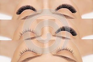 Eyelash extension procedure before after. False eyelashes. Close up portrait of woman eyes with long lashes in beauty