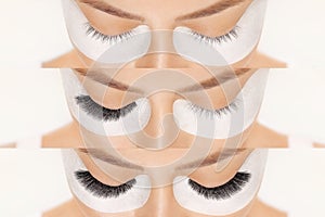 Eyelash extension procedure before after. False eyelashes. Close up portrait of woman eyes with long lashes in beauty