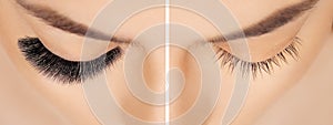 Eyelash extension procedure before after. False eyelashes. Close up portrait of woman eyes with long lashes in beauty photo