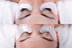 Eyelash Extension Procedure. Female eyes before and after.