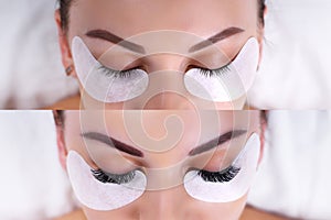 Eyelash Extension Procedure. Female eyes before and after.