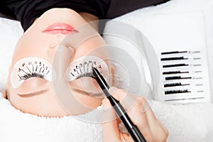 Eyelash extension procedure. Master marker puts markup scheme guide lashes