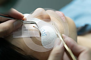 Eyelash extension procedure. woman eye with long eyelashes.