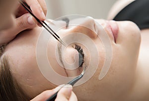 Eyelash Extension Procedure. Woman Eye with Long Eyelashes.