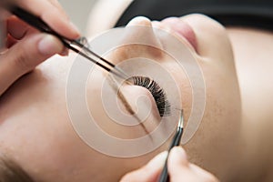 Eyelash Extension Procedure. Woman Eye with Long Eyelashes.