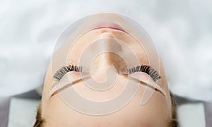 Eyelash Extension Procedure. Woman Eye with Long Eyelashes.