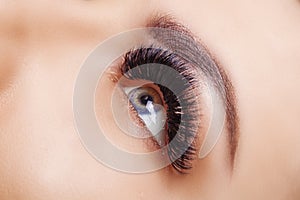 Eyelash Extension Procedure. Woman Eye with Long Eyelashes. Close up, selective focus. Hollywood, russian volume