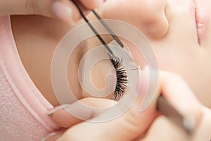 Eyelash Extension Procedure. Woman Eye with Long Eyelashes. photo