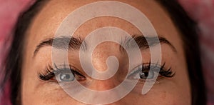 Eyelash extension procedure. Woman eye with long eyelashes. lashes, close up, macro, selective focus.