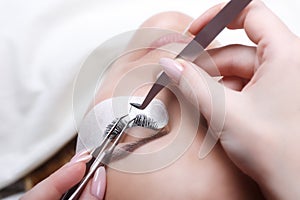 Eyelash Extension Procedure. Woman Eye with Long Eyelashes. Lashes, close up, selected focus.