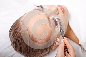 Eyelash Extension Procedure. Woman Eye with Long Eyelashes. Lashes, close up, selected focus.