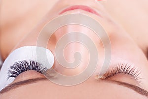 Eyelash Extension Procedure. Woman Eye with Long Eyelashes. Lashes, close up, selected focus.