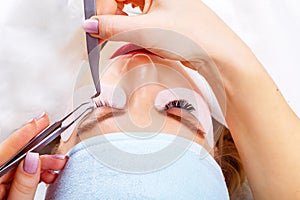 Eyelash Extension Procedure. Woman Eye with Long Eyelashes. Lashes, close up, selected focus.