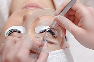 Eyelash Extension Procedure. Woman Eye with Long Eyelashes photo