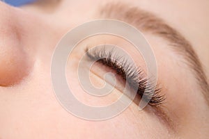 Eyelash Extension Procedure. Woman Eye with Long false Eyelashes. Close up macro shot of fashion eyes visagein in beauty salon