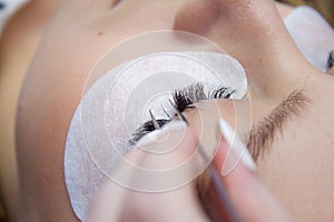 Eyelash Extension Procedure. Woman Eye with Long false Eyelashes. Close up macro shot of tweezers in hands of beautican