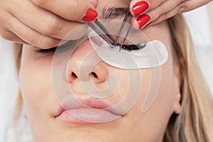 Eyelash Extension Procedure. Woman Eye with Long false Eyelashes. Closeup macro shot of fashion eyes in beauty salon