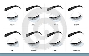 Eyelash Extension Style Chart.  Different Eyelash Extension Types and Shapes for Most Attractive Look. Guide. Infographic Vector photo