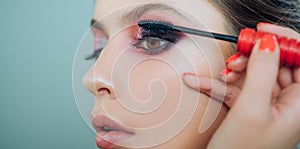 Eyelash removal procedure clos-up. Woman with long lashes in a beauty salon. Close up, macro Advertisement, magazine