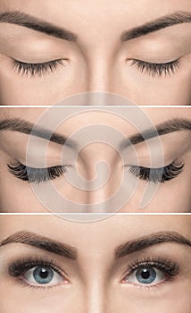 Eyelash removal procedure close up. Beautiful Woman with long la