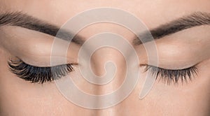 Eyelash removal procedure close up. Beautiful Woman with long lashes in a beauty salon