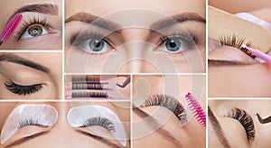 Eyelash removal procedure close up. Collage