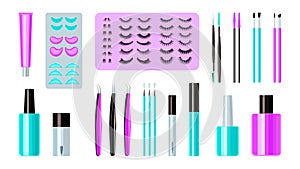 Eyelashes extension tools set vector illustration. Lashes collection different forms, volume, size for cosmetic