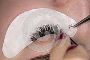 Eyelashes extensions. Fake eyelashes. Eyelash extension procedure.Close up portrait of woman eye with long eyelashes. Professional