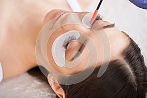 Eyelashes extensions. Fake Eyelashes. Eyelash Extension Procedure. Professional stylist lengthening female lashes