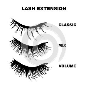 Eyelashes mapping beauty business illustration. lashes extension art. Different shapes - classic, volume, hybrid curly icons set,