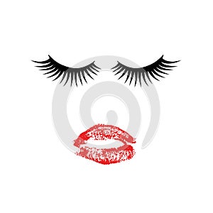 Eyelashes and red lipstick kiss. Lashes and lips isolated on white. Vector illustration. Easy to edit template for beauty salons,