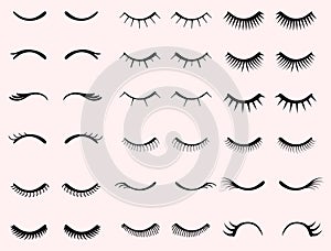 Eyelashes set. Woman beauty Closed eyes. False lashes collection. vector
