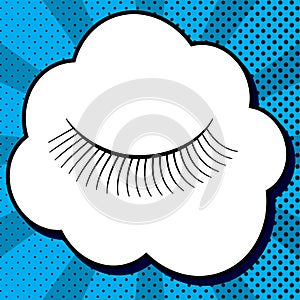 Eyelashes sign. Vector. Black icon in bubble on blue pop-art background with rays.. Illustration.