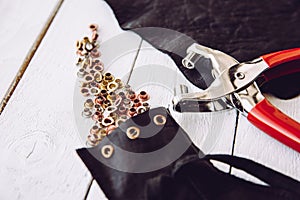 Eyelet Pliers with small various color metal eyelets home crafts tool concept.