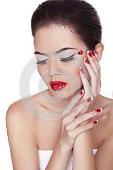 Eyeliner. Beauty girl. Eye Makeup. Manicure and Red Lips. Fashion Make-up and Manicure. Isolated on white background