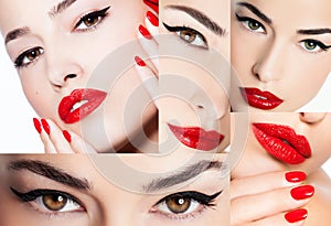 Eyeliner and red lips, beauty collage