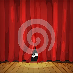 Eyes Behind Red Curtains On Wood Stage