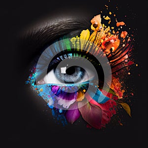 Eyes with Bright Makeup, Beautiful Rainbow Woman Eye, Generative AI Illustration