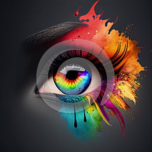 Eyes with Bright Makeup, Beautiful Rainbow Woman Eye, Generative AI Illustration