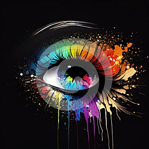 Eyes with Bright Makeup, Beautiful Rainbow Woman Eye, Generative AI Illustration