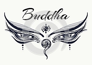 Eyes of Buddha. Wisdom concept. Hand-drawn high detailed engraved vector art. Tattoo, yoga, spiritualy, textile