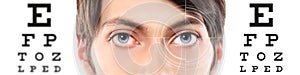 Eyes close up on visual test chart, eyesight and eye examination