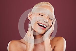 Eyes closed, face and beauty skincare of woman in studio isolated on a red background. Dermatology aesthetic, makeup