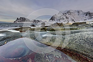 The eyes of the dragon, in the beautiful and amazing Uttakleiv Beach. Lofoten Islands in Norway, Winter landscape. Travel destinat